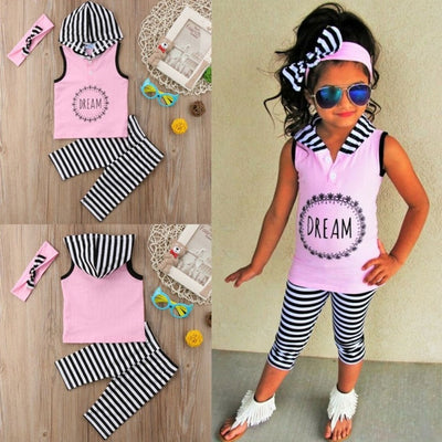 Toddler Kids Baby Girl 1T-6T Hoodie Top Pants Striped Leggings Headband Outfit Clothes