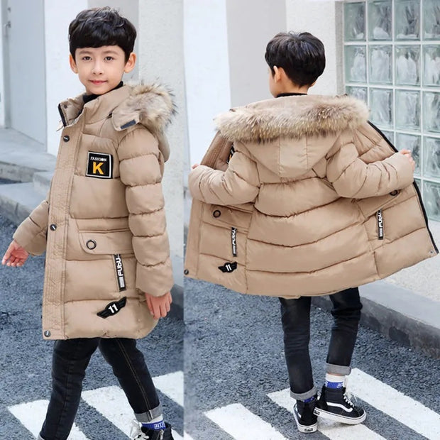 Children's Hooded Cotton Coat With Fur Collar And Cotton Quilted Jacket