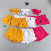 Summer Girls' Suit One-Shoulder Folds Flared Sleeve Shorts Three-Piece Shorts