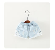 Summer new children's pants Korean personality old wind children's denim shorts Girls lace shorts