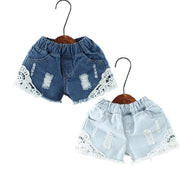 Summer new children's pants Korean personality old wind children's denim shorts Girls lace shorts